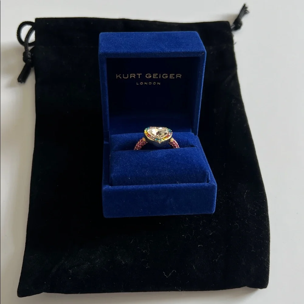 NIB Kurt Geiger London Rainbow Crystal Heart Cocktail Ring – Gold Tone/Pink - Picture 12 of 12
